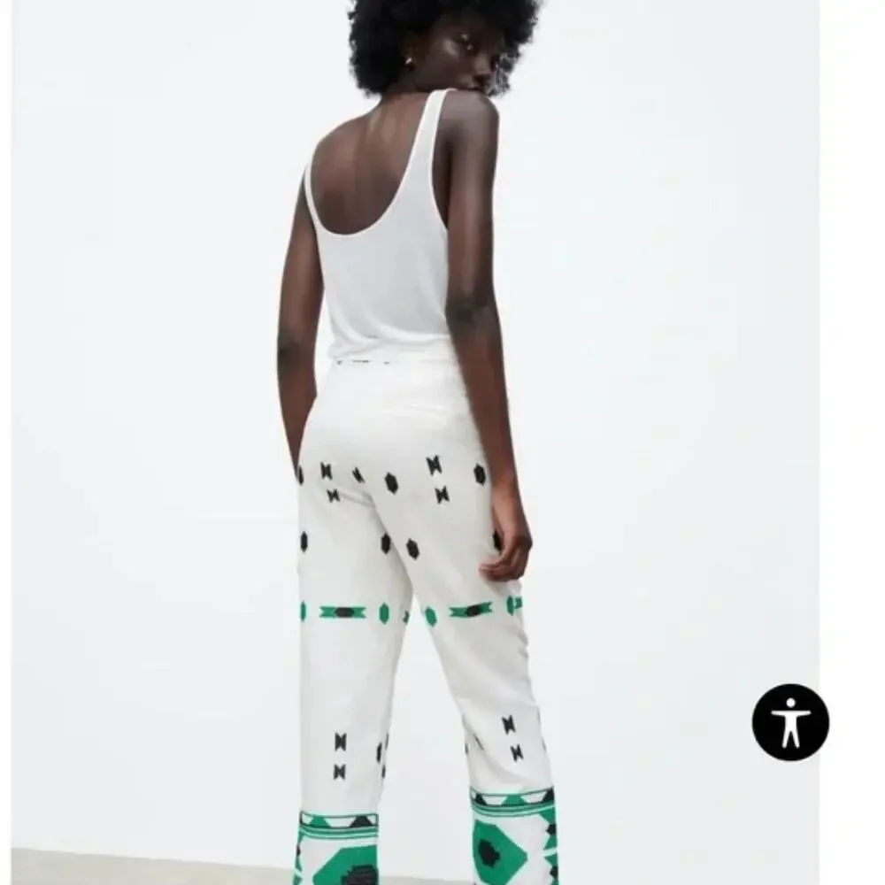 Zara White‎ & Green Geometric Embroidered Linen Pants Small Coastal Bohemian